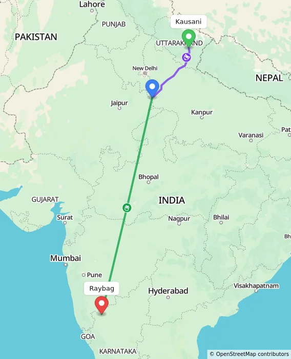 Route map showing distance and travel time from Kausani, India to Raybag, India