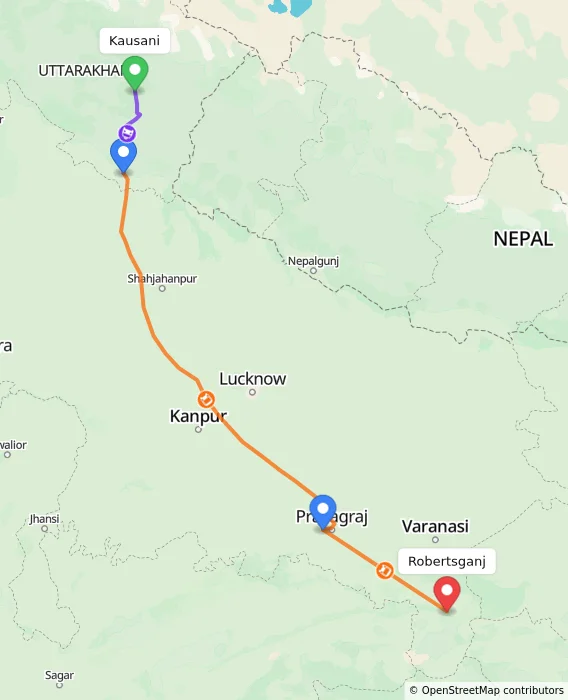 Route map showing distance and travel time from Kausani, India to Robertsganj, India