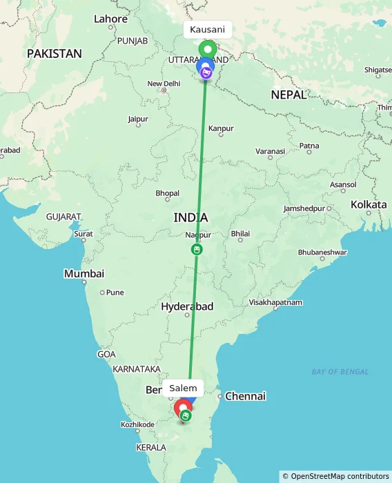 Route map showing distance and travel time from Kausani, India to Salem, India