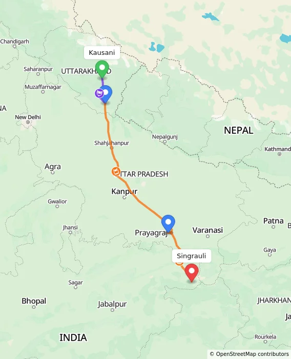 Route map showing distance and travel time from Kausani, India to Singrauli, India
