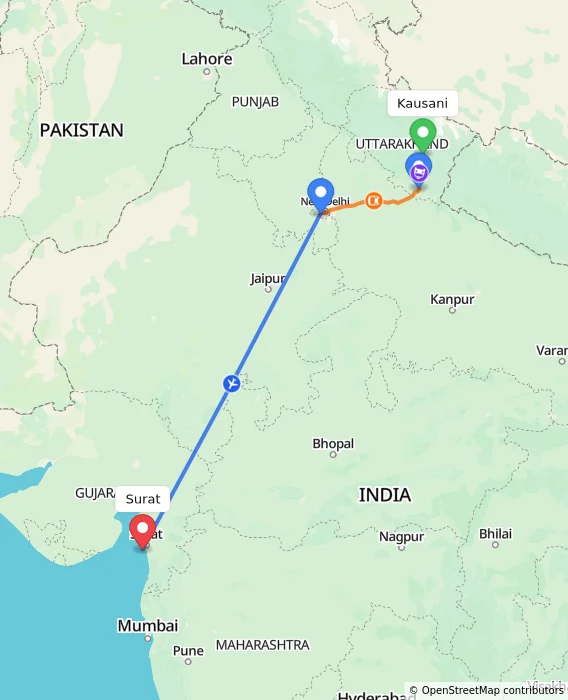 Route map showing distance and travel time from Kausani, India to Surat, India