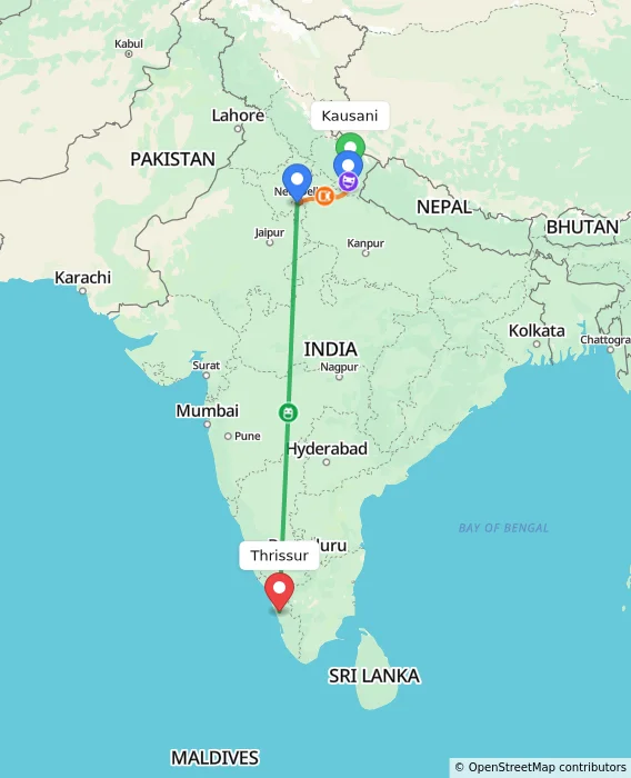 Route map showing distance and travel time from Kausani, India to Thrissur, India