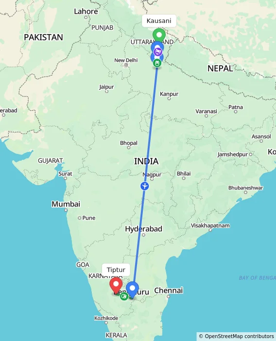 Route map showing distance and travel time from Kausani, India to Tiptur, India