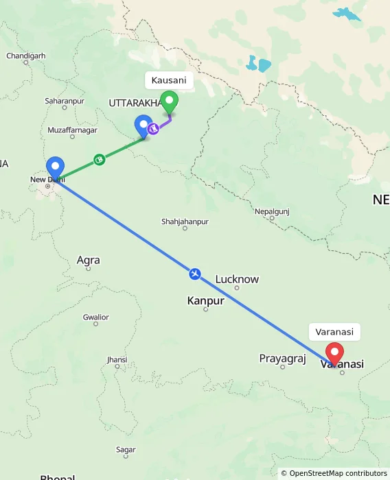 Route map showing distance and travel time from Kausani, India to Varanasi, India