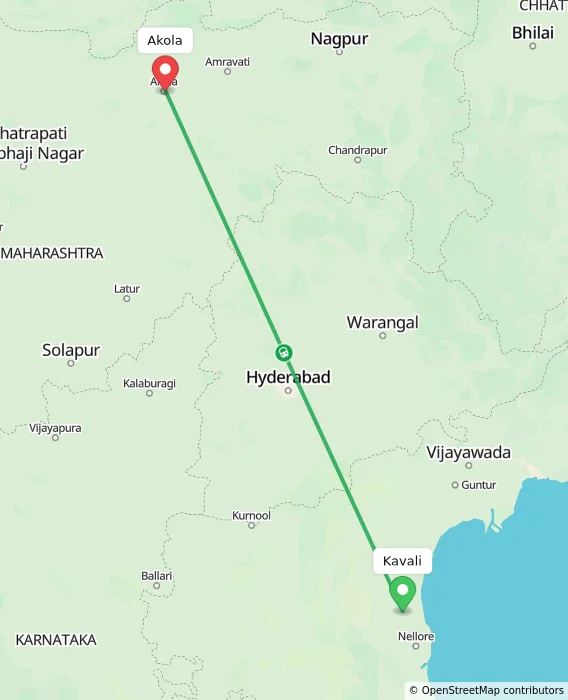 Route map showing distance and travel time from Kavali, India to Akola, India