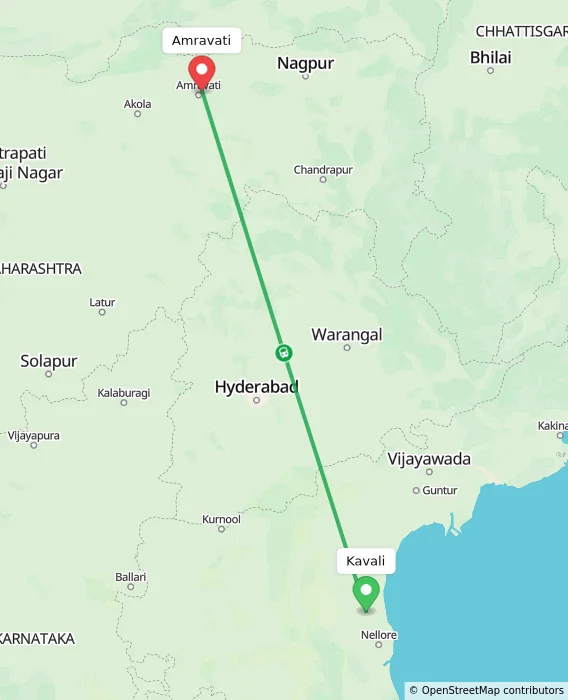Route map showing distance and travel time from Kavali, India to Amravati, India