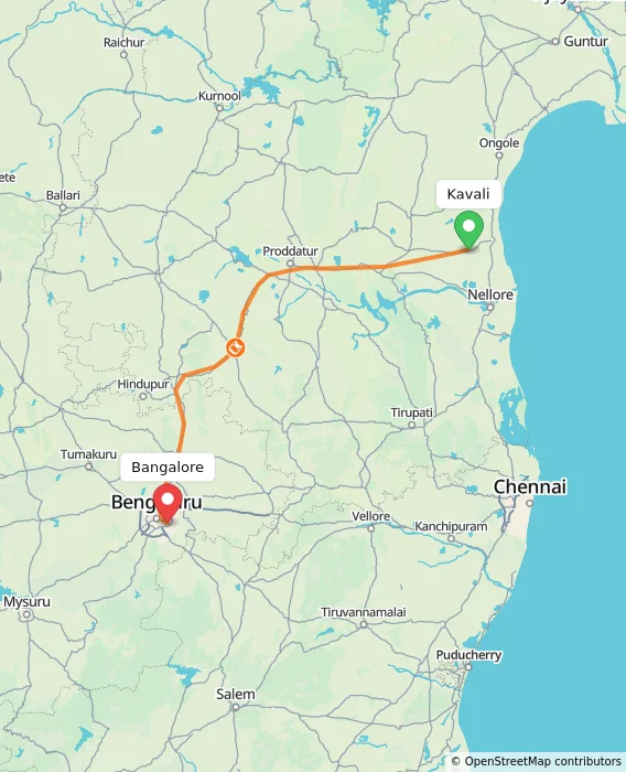 Route map showing distance and travel time from Kavali, India to Bangalore, India