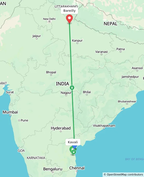 Route map showing distance and travel time from Kavali, India to Bareilly, India