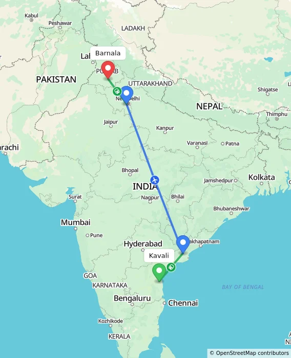 Route map showing distance and travel time from Kavali, India to Barnala, India