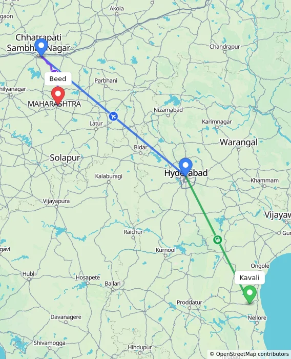Route map showing distance and travel time from Kavali, India to Beed, India