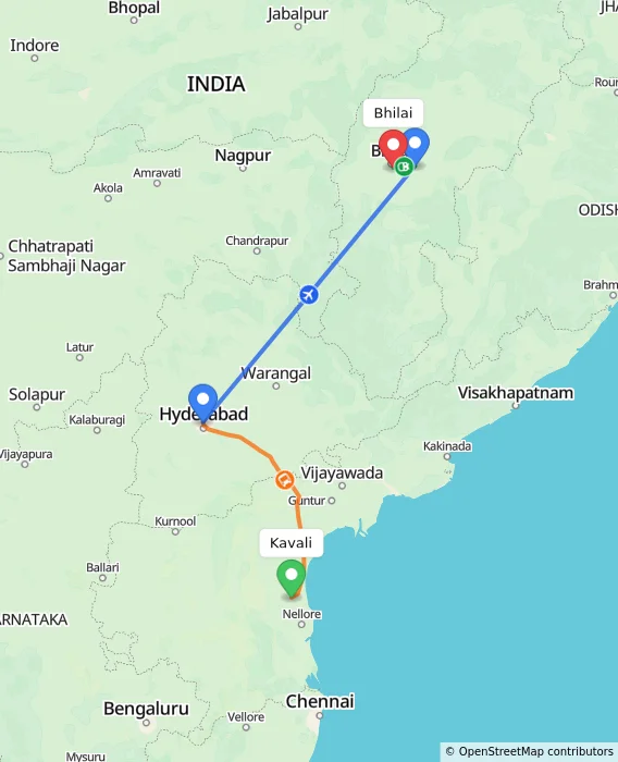 Route map showing distance and travel time from Kavali, India to Bhilai, India