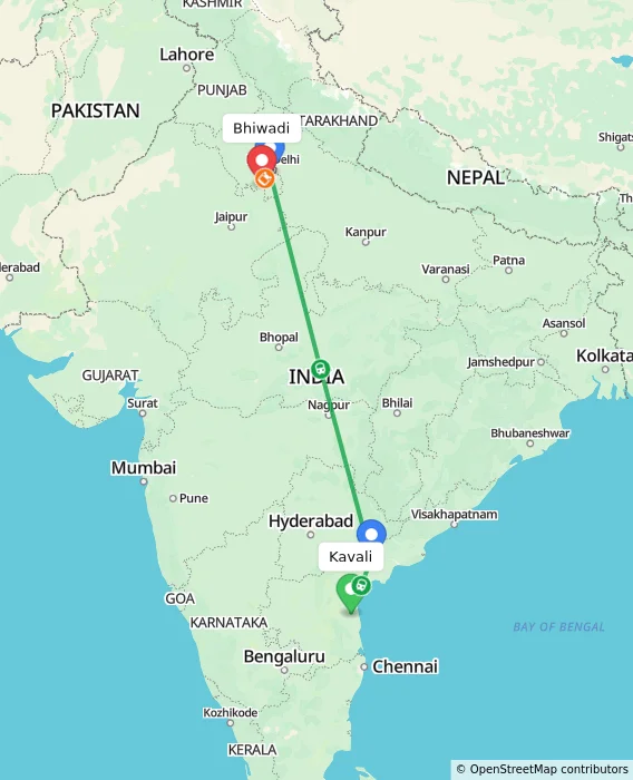 Route map showing distance and travel time from Kavali, India to Bhiwadi, India