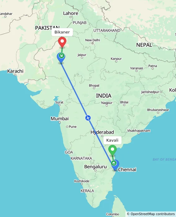 Route map showing distance and travel time from Kavali, India to Bikaner, India