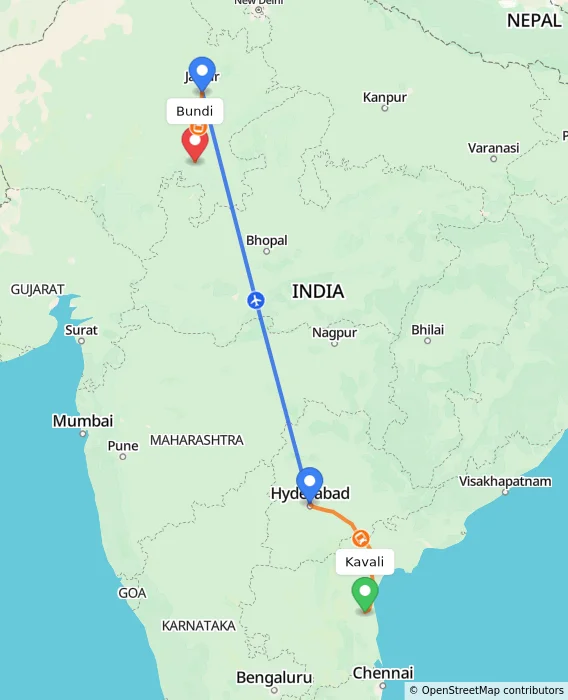 Route map showing distance and travel time from Kavali, India to Bundi, India