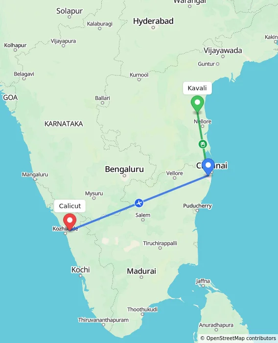 Route map showing distance and travel time from Kavali, India to Calicut, India