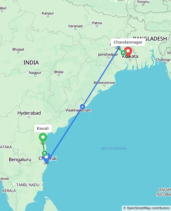 Route map showing distance and travel time from Kavali, India to Chandannagar, India