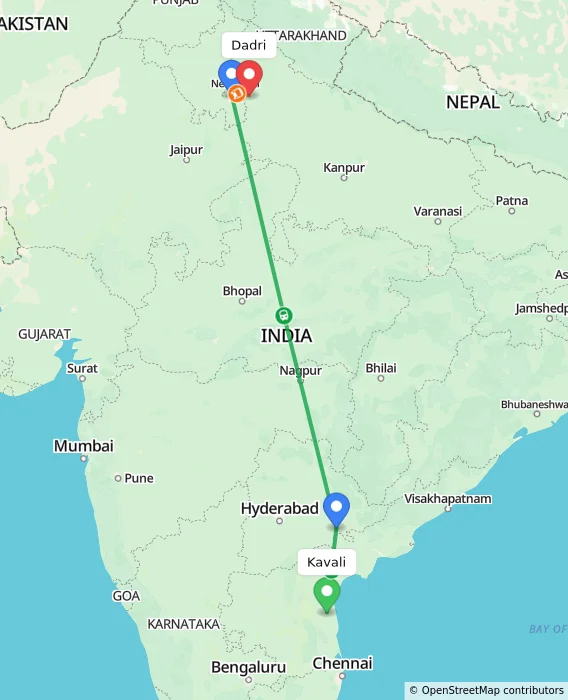 Route map showing distance and travel time from Kavali, India to Dadri, India
