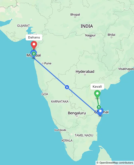 Route map showing distance and travel time from Kavali, India to Dahanu, India