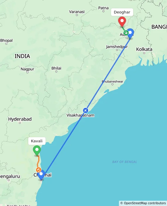Route map showing distance and travel time from Kavali, India to Deoghar, India