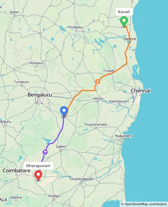 Route map showing distance and travel time from Kavali, India to Dharapuram, India