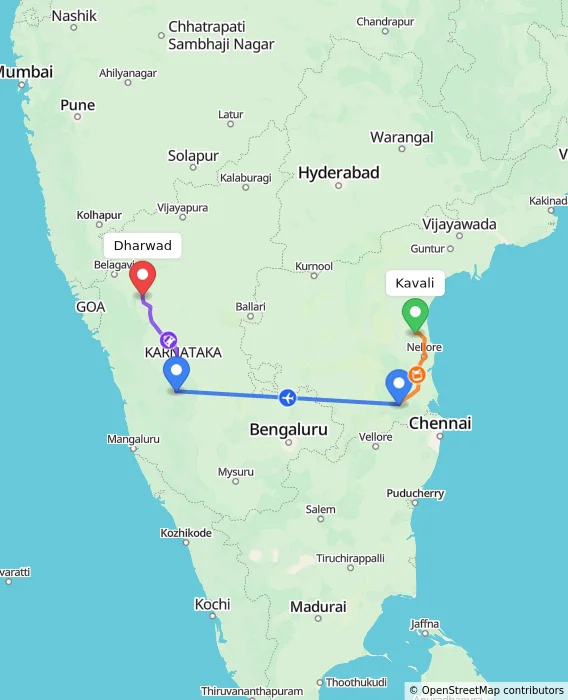 Route map showing distance and travel time from Kavali, India to Dharwad, India