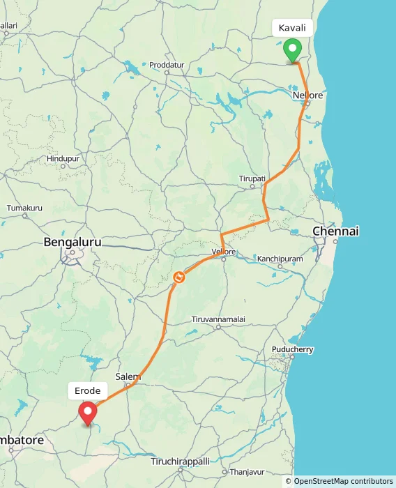 Route map showing distance and travel time from Kavali, India to Erode, India