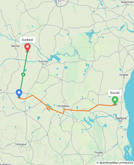 Route map showing distance and travel time from Kavali, India to Gadwal, India