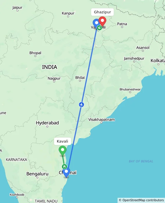 Route map showing distance and travel time from Kavali, India to Ghazipur, India