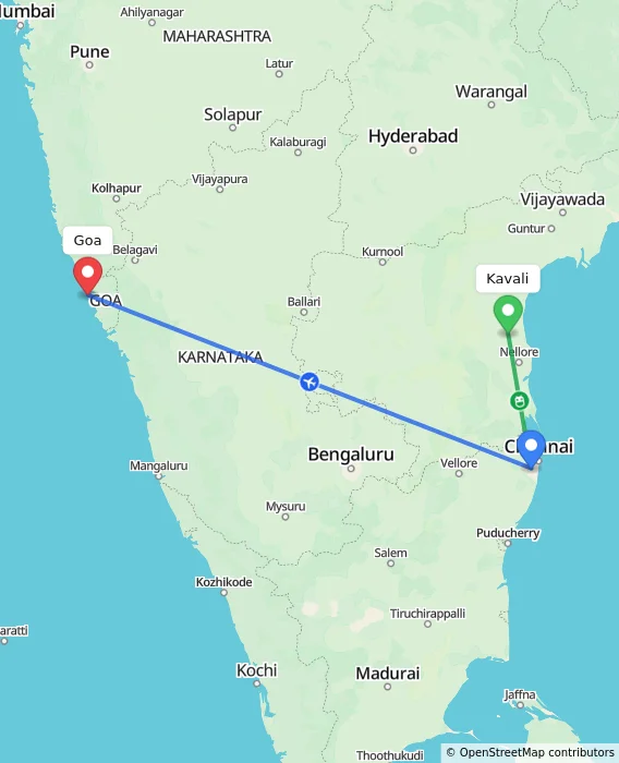Route map showing distance and travel time from Kavali, India to Goa, India