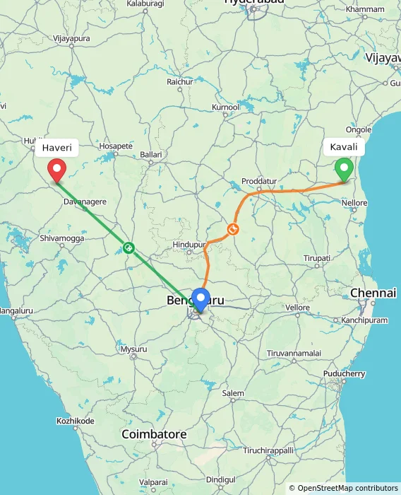 Route map showing distance and travel time from Kavali, India to Haveri, India
