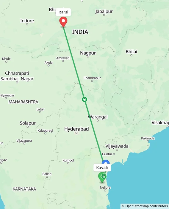 Route map showing distance and travel time from Kavali, India to Itarsi, India