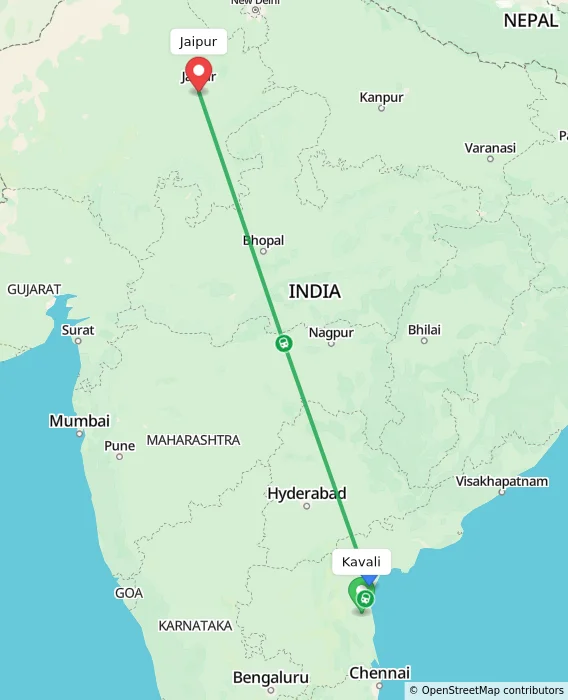 Route map showing distance and travel time from Kavali, India to Jaipur, India