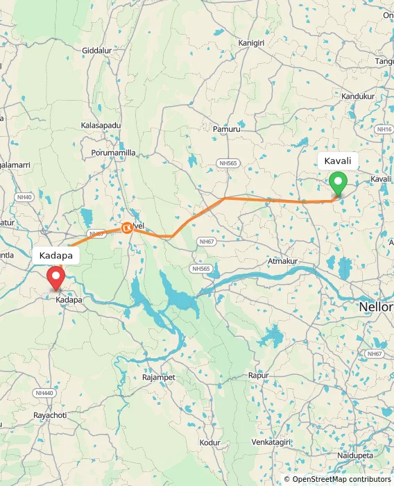 Route map showing distance and travel time from Kavali, India to Kadapa, India