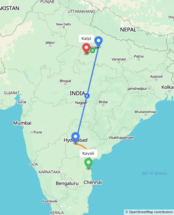Route map showing distance and travel time from Kavali, India to Kalpi, India