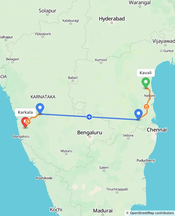 Route map showing distance and travel time from Kavali, India to Karkala, India