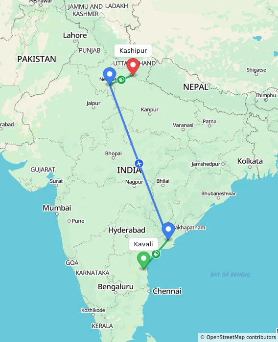 Route map showing distance and travel time from Kavali, India to Kashipur, India