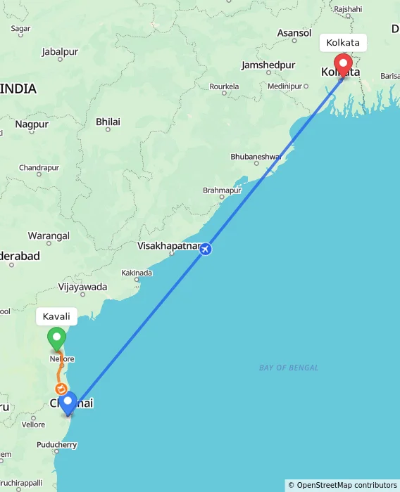 Route map showing distance and travel time from Kavali, India to Kolkata, India