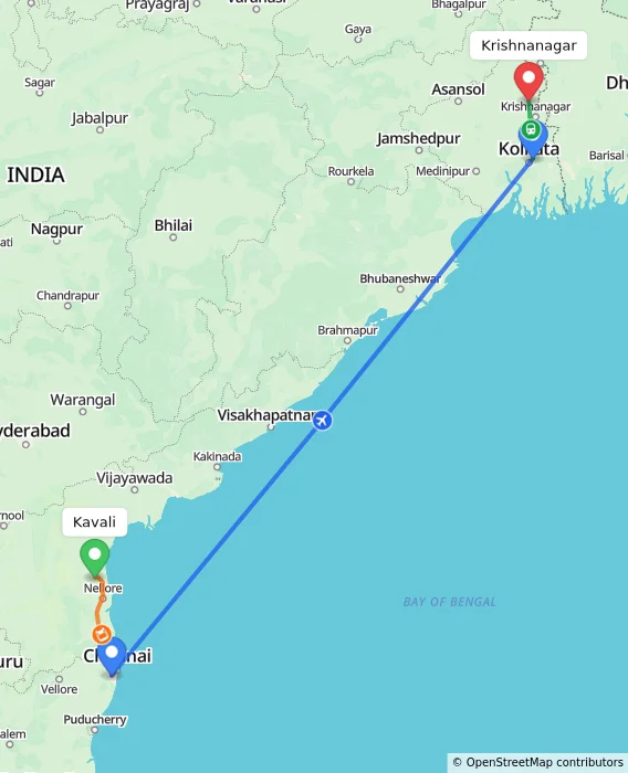 Route map showing distance and travel time from Kavali, India to Krishnanagar, India