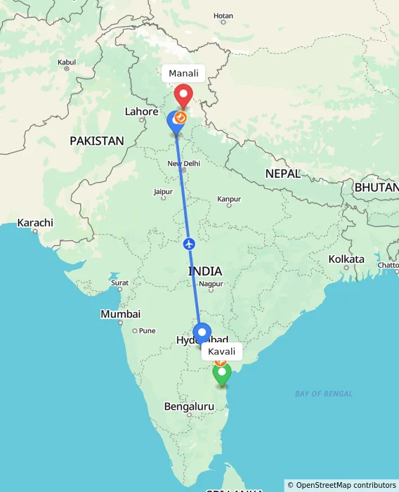 Route map showing distance and travel time from Kavali, India to Manali, India