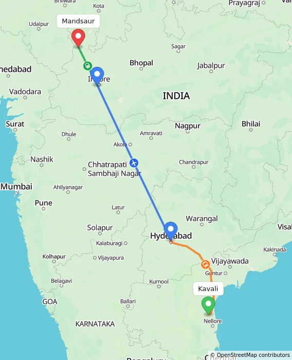 Route map showing distance and travel time from Kavali, India to Mandsaur, India