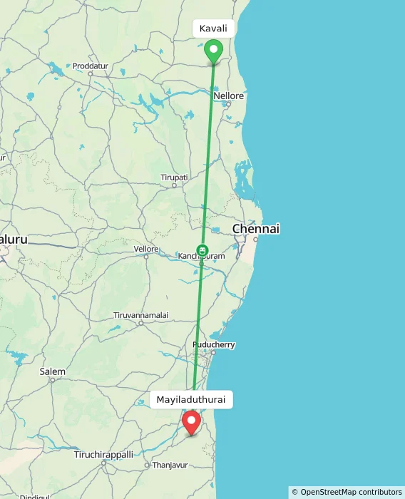 Route map showing distance and travel time from Kavali, India to Mayiladuthurai, India