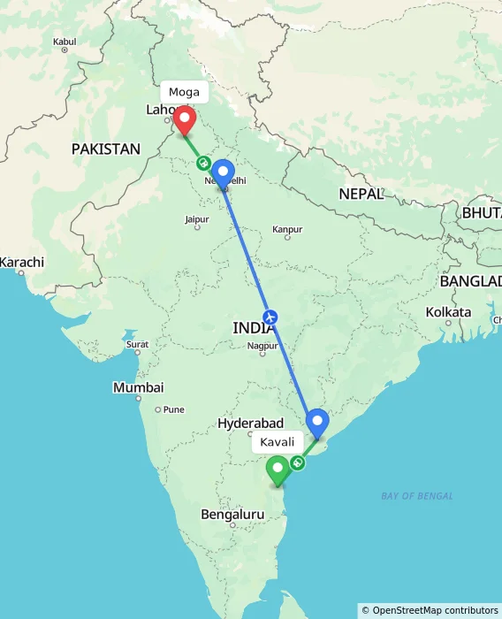 Route map showing distance and travel time from Kavali, India to Moga, India