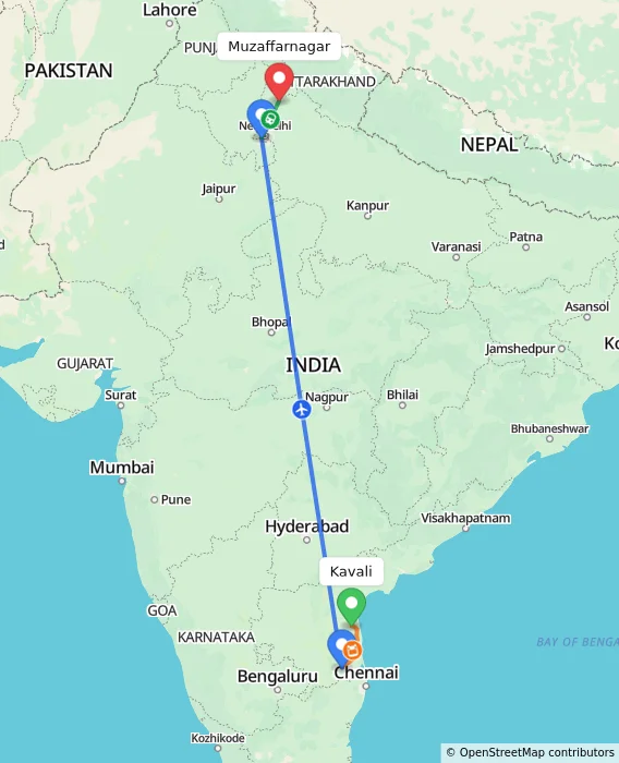 Route map showing distance and travel time from Kavali, India to Muzaffarnagar, India
