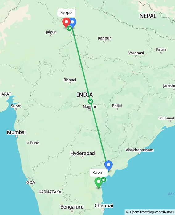 Route map showing distance and travel time from Kavali, India to Nagar, India