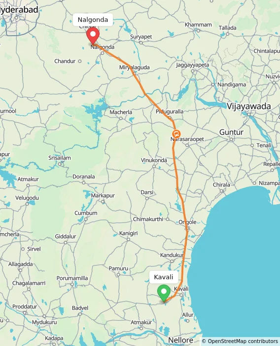 Route map showing distance and travel time from Kavali, India to Nalgonda, India