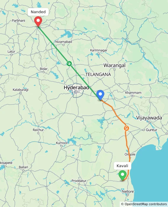 Route map showing distance and travel time from Kavali, India to Nanded, India