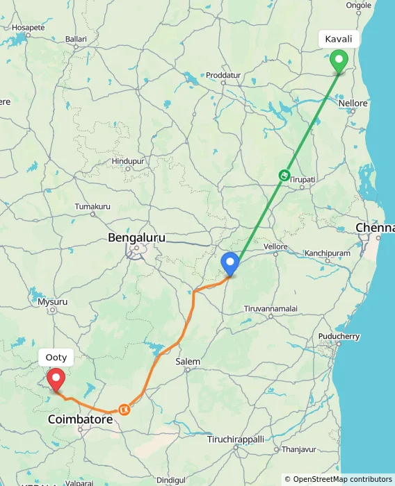 Route map showing distance and travel time from Kavali, India to Ooty, India
