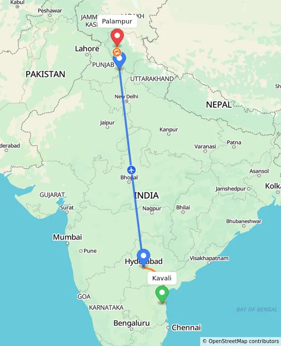 Route map showing distance and travel time from Kavali, India to Palampur, India
