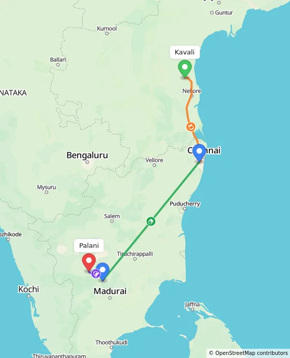 Route map showing distance and travel time from Kavali, India to Palani, India