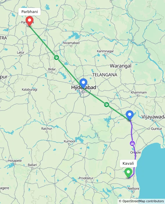 Route map showing distance and travel time from Kavali, India to Parbhani, India